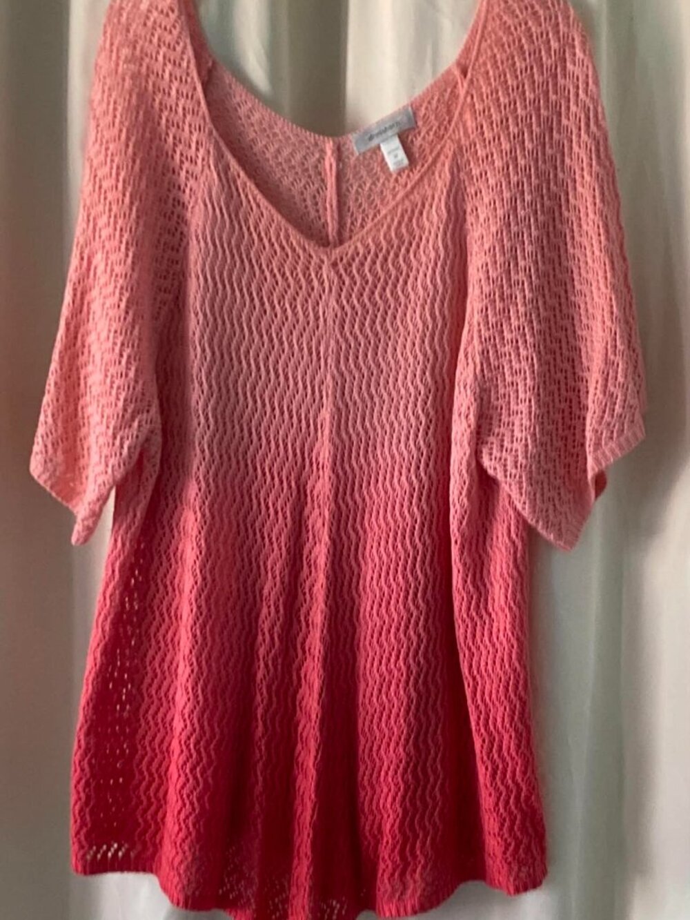 Dressbarn Women's 2X Coral Pink Open Knit V Neck Short Sleeve Sweater Top